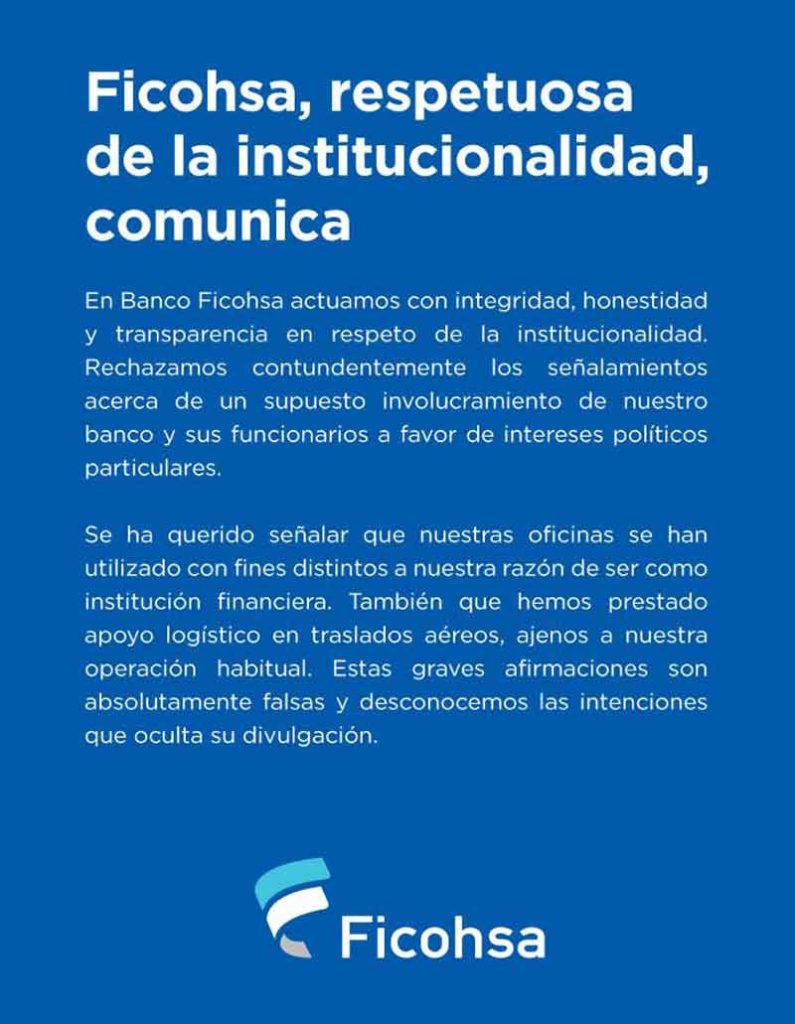 Ficohsa: “Negamos rotundamente acusaciones de participación en política”