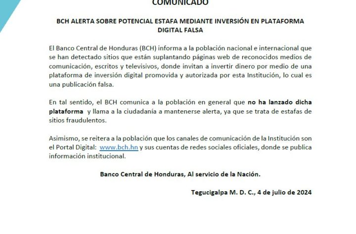 Alerta de estafa: Banco Central de Honduras aclara falsa promoción de inversión