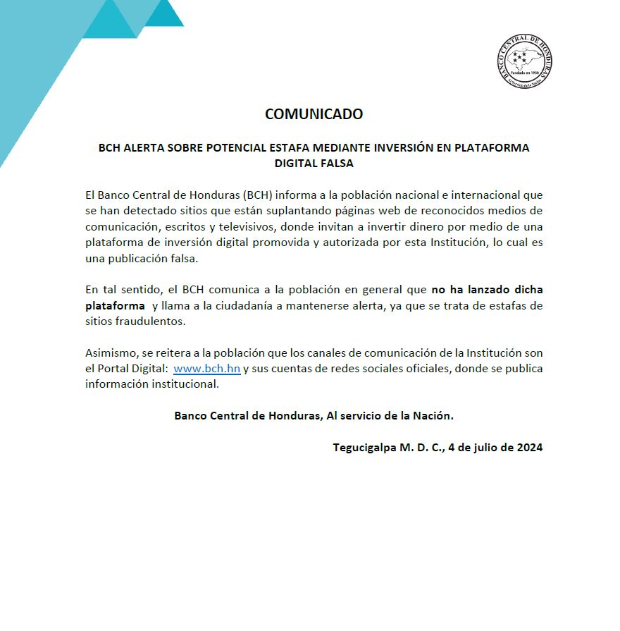 Alerta de estafa: Banco Central de Honduras aclara falsa promoción de inversión Alerta de estafa: Banco Central de Honduras aclara falsa promoción de inversión